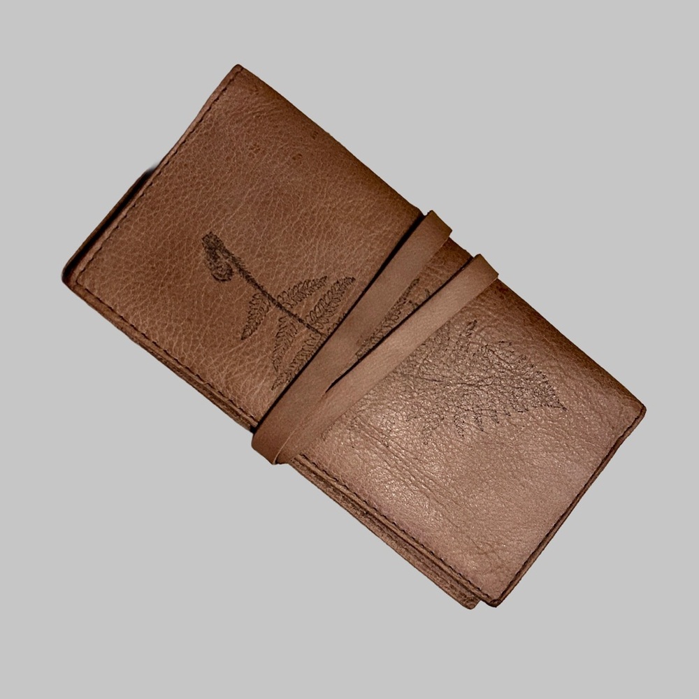 Handmade Taupe Leather Wallet with Fern Leaf Print